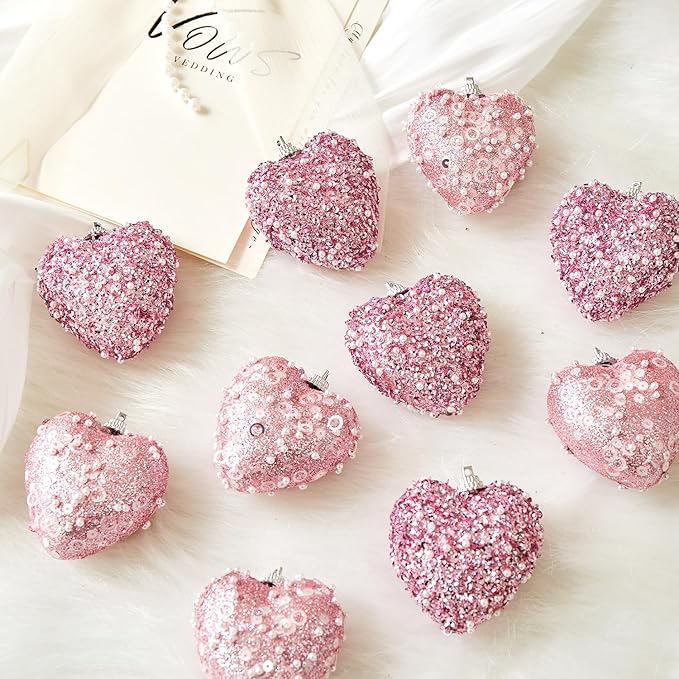 Pink Valentine's Day Heart Ornaments 10Pcs Glitter Sequin Heart Shaped Baubles Decoration Valentines Pearl Foam Hanging Decor(2.36in)