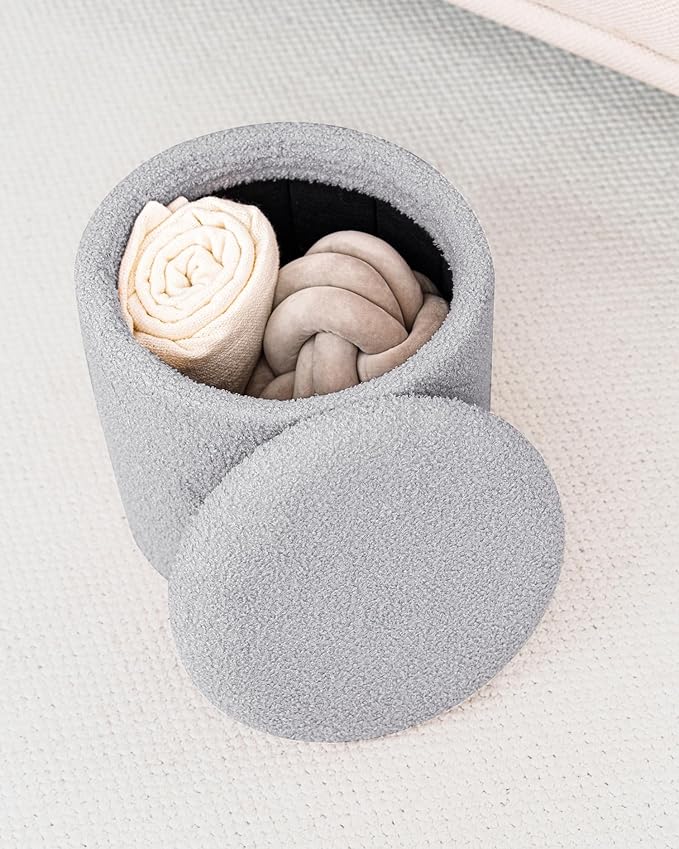 Round Ottoman with Storage, Boucle Foot Rest Stool with Reversible Tray Lid, Folding Teddy Ottoman Coffee Table for Dorm Living Room Bedroom Entryway, Grey,13" x 13" x 13.8"