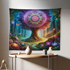 Ambesonne Nature Tapestry, Wonderland Forest Tree Trippy Mandala Floral with Butterfly Ensemble Dream, Fabric Wall Hanging Decor for Bedroom Living Room Dorm, 28" X 23", Indigo Green Aqua