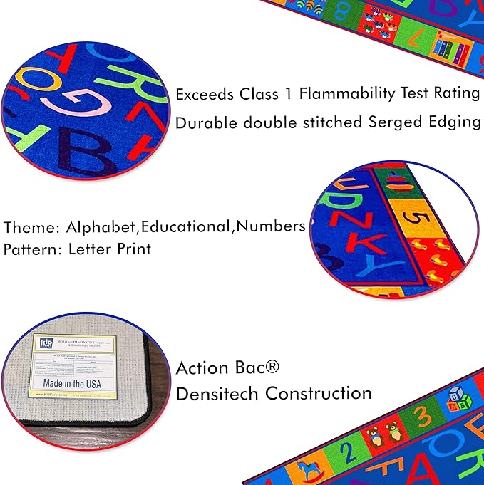 KIDCARPET.COM Alphabet and Numbers Rectangle Classroom Rug | Bordered Area Rug for Preschool Daycare Learning, 6' x 8'6"