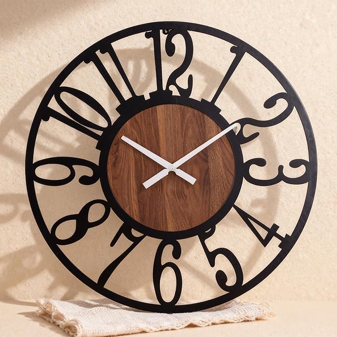 Industrial Modern Vintage Wood Wall Clock with Iron Frame & Artful Cutout Numerals, Non Ticking Battery Operated, Decorative for Farmhouse Living Room Office Kitchen Home Décor, 16 Inch
