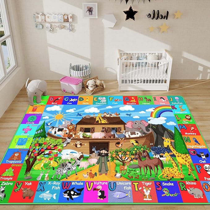 ABC Kids Rug for Playroom 78.7×59 in Noah's Ark Animals Rug Baby Play Mat Alphabet Playmat Shape Color Classroom Carpet Kids Playroom Early Learning Carpet for Preschool Toddlers Tummy Time