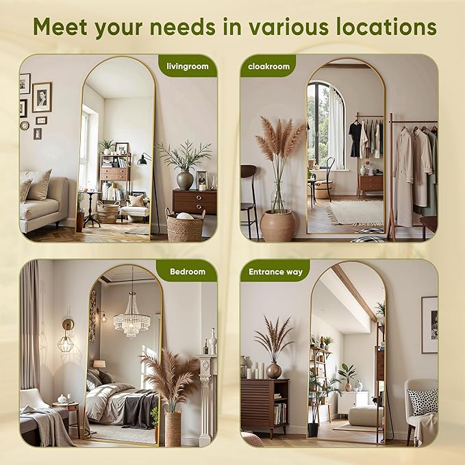 Full Length Mirror, 58"x18" Arched Full Body Mirror, Oversized Floor Mirrors, Leaning Free Standing Mirrors, Hanging Mounted Large Mirrors for Bedroom Dressing Room, Cloakroom, Gold