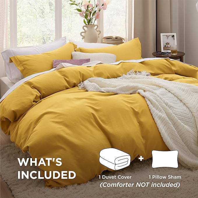 Bedsure Mustard Yellow Duvet Cover Twin/Twin XL Size - 2 Pieces Prewashed Cotton-Like Extra Soft Bedding Set, Includes 1 Twin Duvet Cover 68x90 Inches with Zipper Closure & 1 Pillow Sham, No Comforter