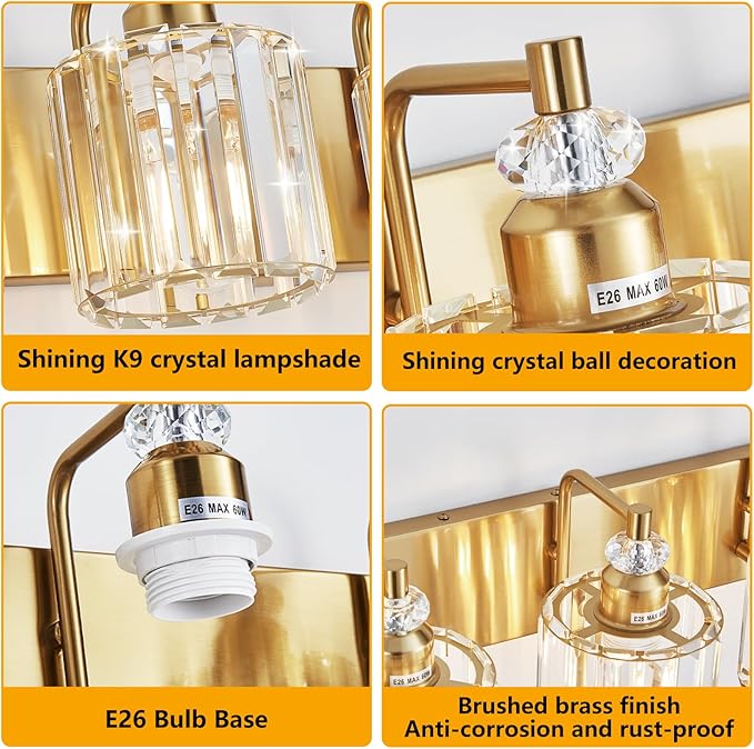 3-Light Modern Gold Bathroom Vanity Lights Brushed Brass Lighting Fixtures Over Mirror, Bathroom Vanity Lighting with Crystal Shade Wall Sconce E26 Base for Bedroom Livingroom Restroom Wall Lamp