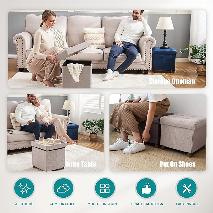 BRIAN & DANY Small Ottoman with Storage, Small Storage Ottoman, Folding Foot Stool with Wood Legs for Living Room and Bedroom Linen Rest Seat, 12.6"x12.6"x12.8" - Beige