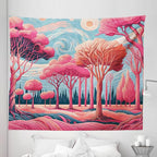 Ambesonne Trees Tapestry King Size, Surreal Post-Impressionism Themed Woodland of Dreamy Sky and Tree Pattern, Wall Hanging Bedspread Bed Cover Wall Decor, 104" X 88", Pink Coral Blue Grey