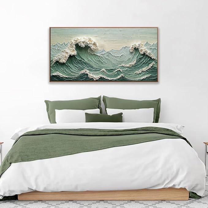Sea Wave Abstract Wall Art Small Size Modern Green Canvas Wall Art Decor Painting Artwork Abstract Wall Decor Print Picture For Bedroom Office Home Decoration 20" X 40" With Framed