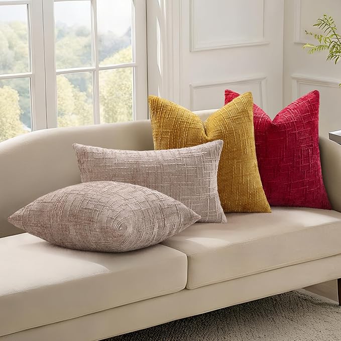 decorUhome Spring Red Chenille Throw Pillow Covers 20x20 Set of 2 Textured Soft Cozy Slubby Couch Pillow Covers Modern Farmhouse Boho Decorative Pillow Cases for Bed Sofa Living Room