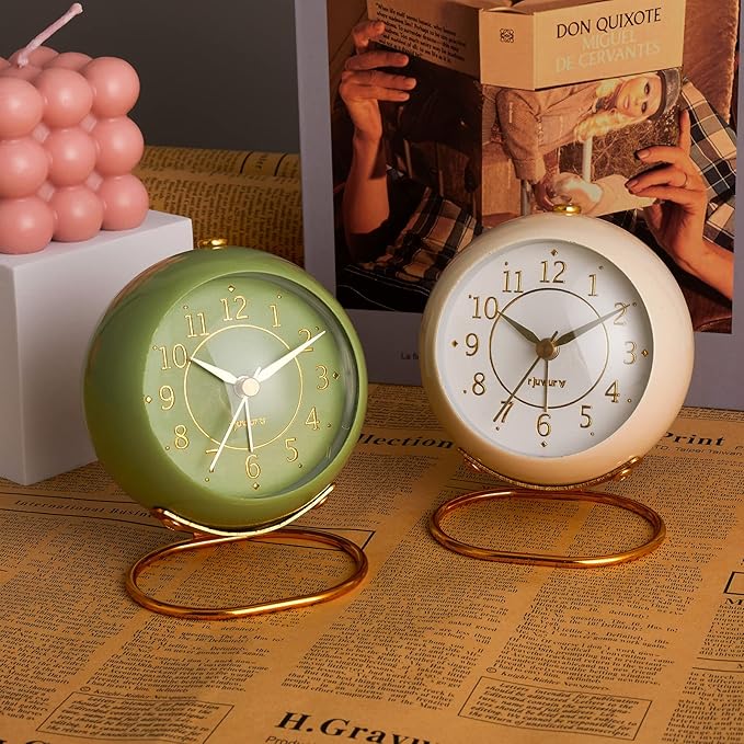 Metal Desk Clock, Retro Bedroom Table Vintage Analog Alarm Clock, Silent Non-Ticking Gold Clock, Bedside Décor(Milk White)