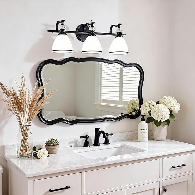 ANDY STAR Milky Glass Bathroom Vanity Light Over Mirror, 3-Light Matte Black Bathroom Light Fixtures with Frosted Glass, 22.5 inch Modern Vanity Lighting Wall Mount, E26 Base, Bulbs Not Included