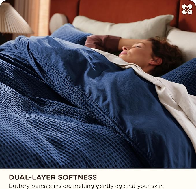 Bedsure Cotton Duvet Cover Set - 100% Cotton Waffle Weave Navy Duvet Cover Oversized King Size, GentleSoft™ and Breathable Bedding Set for All Season, 3 Pieces, 120"x98"