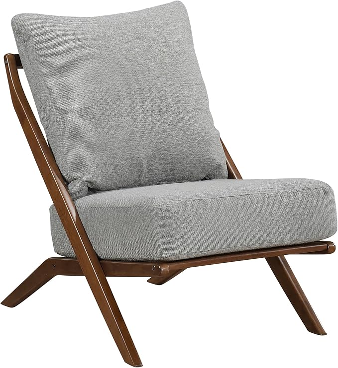 Lexicon Modern Accent Chair, Pascal Brown Solid Rubberwood Frame, Woven Chenille Upholstered Armless Chair with Reversible Cushions and Removable Covers, for Living Room, Bedroom and Office, Grey