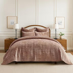 RECYCO Luxury Velvet Quilt King Size Bedding Set, Ultra Soft Velvet Comforter Set, Lightweight Quilted Channel Box Stitch Oversized Bedspread Coverlet for All Season, with 2 Shams, Terracotta Clay