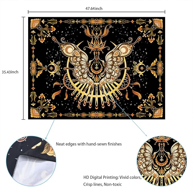 CHDGDHC Butterfly Moth Tapestry,Hippie Floral Aesthetic Wall Tapestries, Psychedelic Aesthetic Decor, Large Tapestry for Bedrooms, Living Rooms, and Dorms-47.64x35.43 Inch