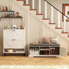 HOMEFORT 47" Shoe Storage Bench with Cushion Seat, Entryway Bench with Adjustable Shelf and Barn Door,2- Tier Farmhouse Shoe Rack Cabinet Bench with Drawer, for Bedroom, Hallway, Antique White