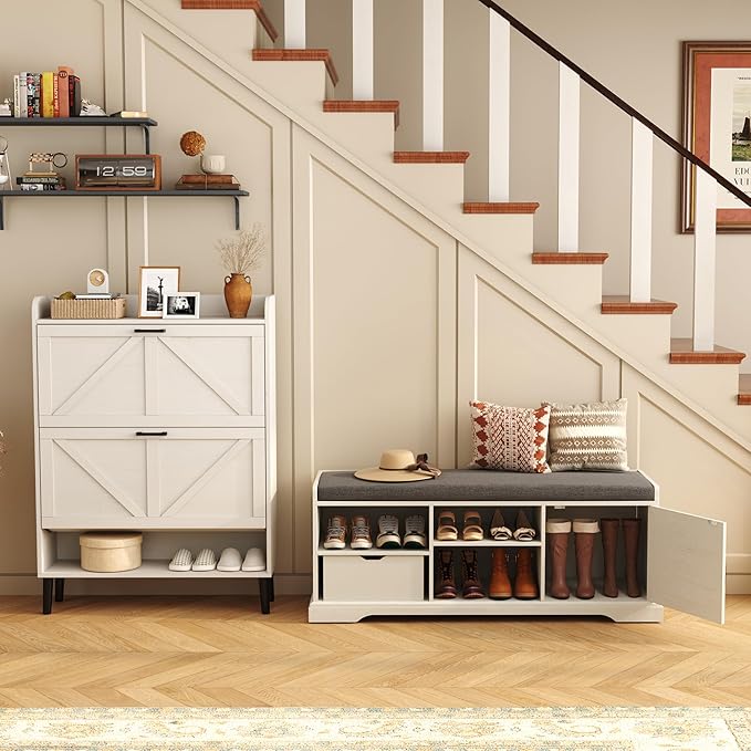 HOMEFORT 47" Shoe Storage Bench with Cushion Seat, Entryway Bench with Adjustable Shelf and Barn Door,2- Tier Farmhouse Shoe Rack Cabinet Bench with Drawer, for Bedroom, Hallway, Antique White