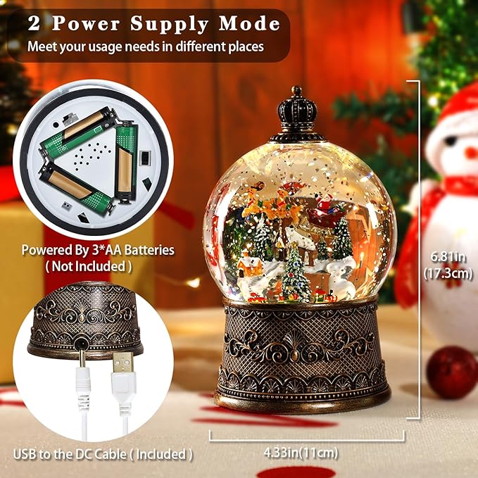 100mm Christmas Snow Globe with Music and Waterfall Effects Featuring Flying Reindeer and Santa Snow Scene Power Options: USB Charging and Battery-Powered(Snow Village)