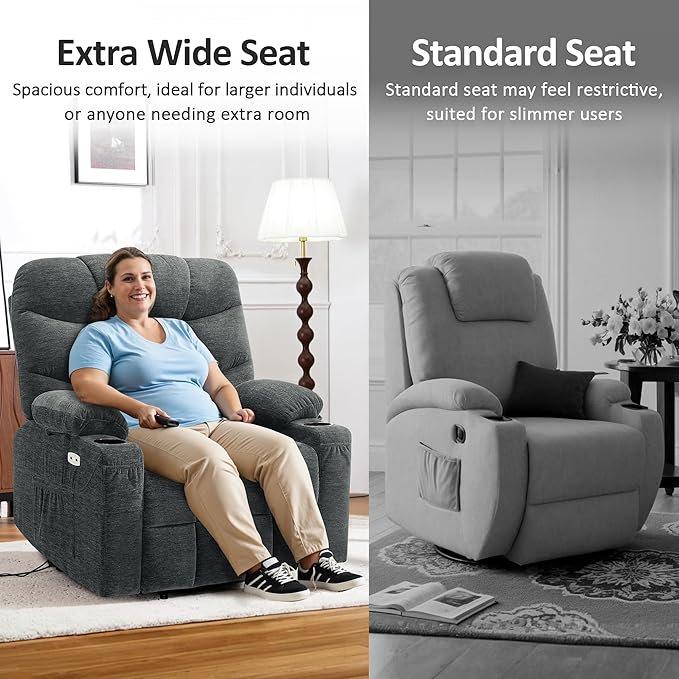 MCombo Oversized Power Lift Recliner Chair with Extended Footrest, Extra Wide 27.2" for Big and Tall Elderly People, Fabric R7289 (Dark Gray, Medium-Oversize)