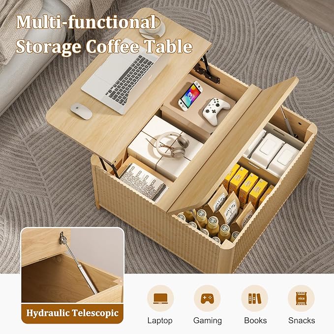 LYNCOHOME 31.5" Fluted Lift Top Coffee Table with Storage, Square Coffee Tables for Living Room, Coffee Table with Large Hidden Storage Compartment and Adjustable Shelves，Natural