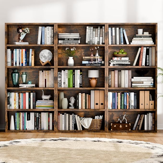 5-Tier Bookcase and Bookshelves, Freestanding Wood Bookshelf, 53" Tall Bookcase with Adjustable Shelves, for Living Room, Bedroom, Home Office, Retro Brown