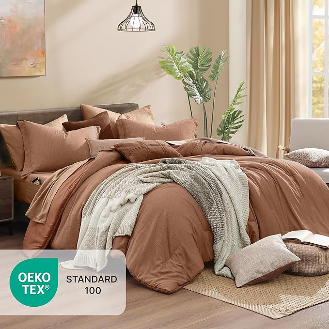 Monbix Super King Comforter Set, Autumn Leaf Cationic Dyeing Bedding Set Reversible, Bed in a Bag 7 Pieces with Comforter, Sheets, Pillowcases & Shams