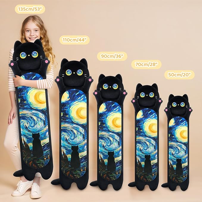 Mewaii Long Cat Plush 5 Sizes, 120% Extra Filling Giant Plushness Kids Body Pillow, Kawaii Cute Black Starry Cat Stuffed Animals Plushies, Big Long Body Pillow Plush Gift for Girls 53”