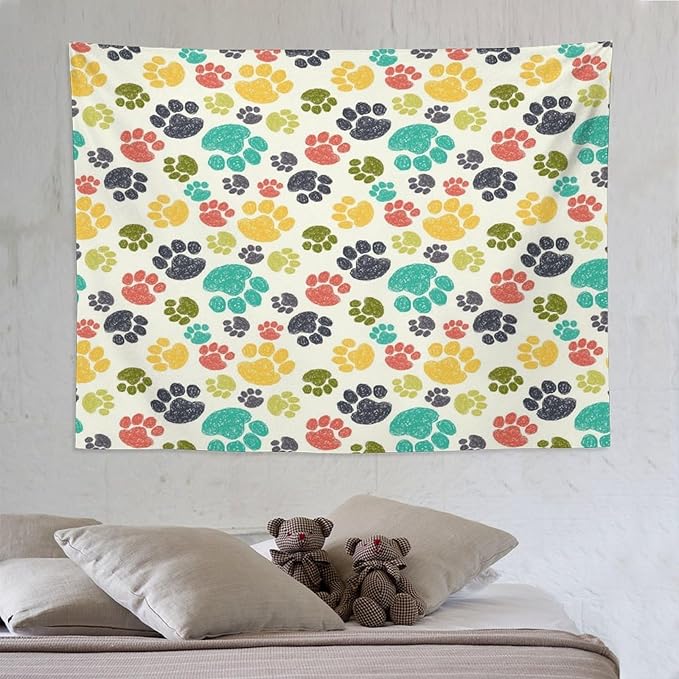 VUMIVI Dog Paw Tapestry Hand Painted Colorful Animal Footprints Doodle Kids Painting Tapestry Wall Hanging for Living Room Bedroom Dorm Classroom Aesthetic Decor W80xL60in