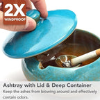 Ashtray with Lid for Outside Patio, Windproof Ash tray, Ceramic Smokeless Ashtray for Outdoor Home Office Tabletop Patio Outdoor Balcony, Blue