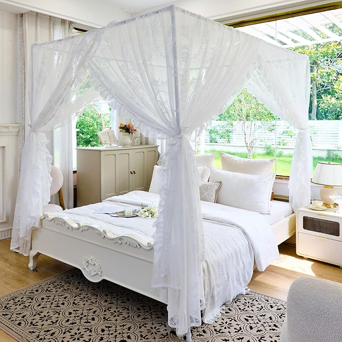 AIKASY Elegant Lace Princess 4-Poster Bed Canopy Mosquito Net - Romantic Wedding Bridal Bedroom Decor, Kids Room Bed Curtain for Women Adults - (White-2,Queen)