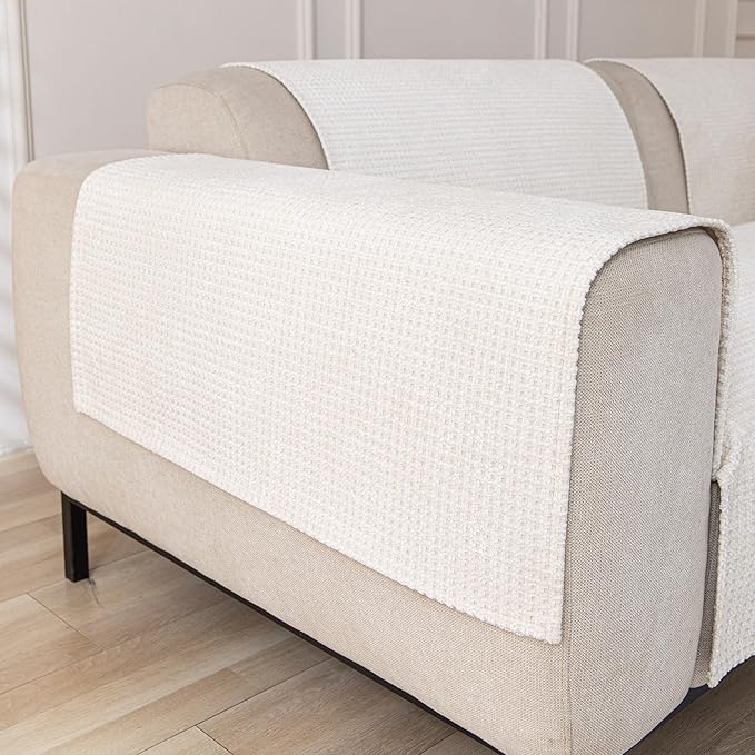 HAOMAIJIA Waterproof Sofa Arm Covers Set of 2 Non Slip Chair Arm Covers Chenille Washable Couch Arm Cover Furniture Protector (Cream White, 23.6" x 27" 2 Pack)