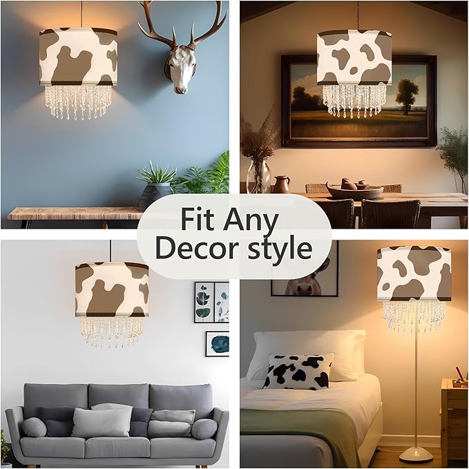 Black White Cow Print Lamp Shade with Acrylic Bead Droplets, Animal Drum Fabric Light Shade for Pendant Table & Floor Lamp, Cute Party Room Decor for Grandchild Kids Teens, 15.7in