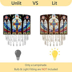 Cross Stained Glass Lamp Shade with Acrylic Bead Droplets, Drum Fabric Light Shade for Ceiling Pendant Table & Floor Lamps, Religious Christian Jesus Prayer Gift, 11.8in