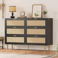 GarveeHome Rattan 6 Drawer Dresser, Modern Chest of Drawers with Gold Legs and Gold Handles, Wide Double Dresser with Large Tabletop and Anti-Tipping Design for Bedroom Living Room, Black