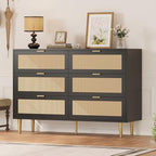 GarveeHome Rattan 6 Drawer Dresser, Modern Chest of Drawers with Gold Legs and Gold Handles, Wide Double Dresser with Large Tabletop and Anti-Tipping Design for Bedroom Living Room, Black