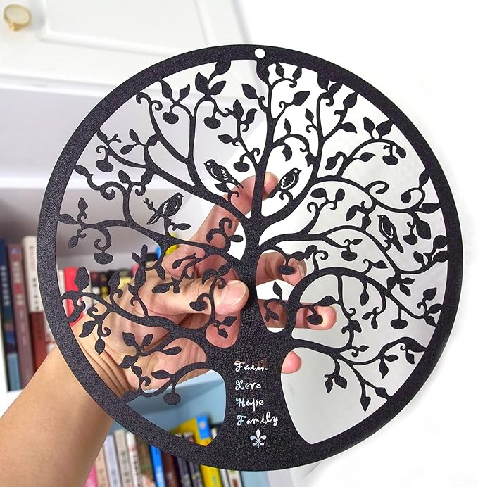 ESTART 11 Inches Tree of Life Wall Art Metal Tree Life Wall Decor Family Tree Wall Plaque Wall Hanging Sculptures for Balcony Porch Bedroom Living Room Kitchen Garden Office Indoor Outdoorr (Black)