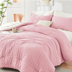 HYMOKEGE Pink/Ivory King Size Comforter Set Seersucker 7 Pieces, All Season Luxury Bed in a Bag for Bedroom, Bedding Set with Comforter, Sheets, Pillowcases & Shams