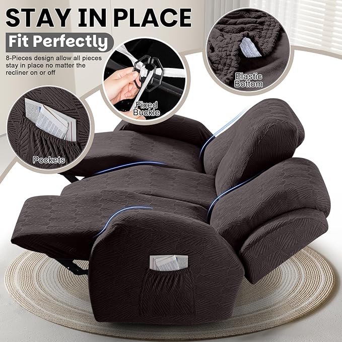 VANSOFY Recliner Sofa Covers, 8-Pieces Stretch Recliner Couch Cover Soft Jacquard Reclining Slipcover Furniture Protector with Elastic Bottom for Kid, Pets (3 Seat,Chocolate)