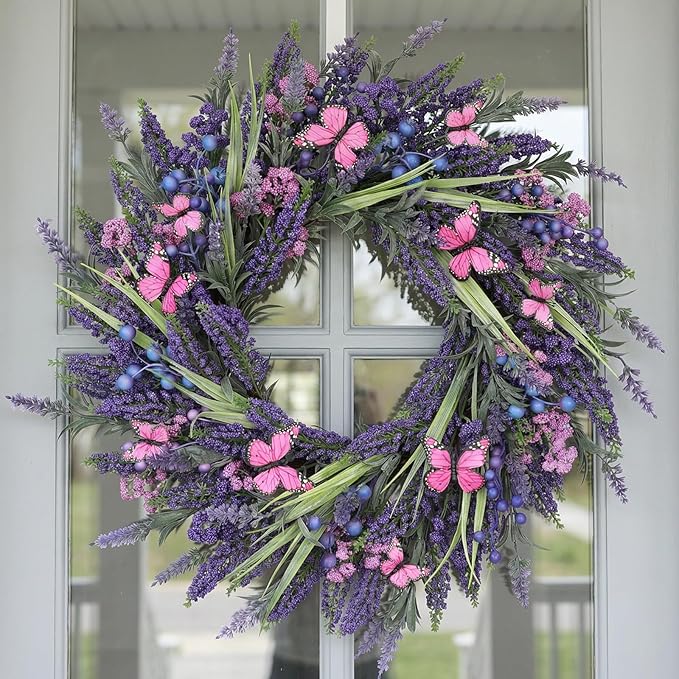 Lavender Wreaths for Front Door 24 Inch Spring Summer Wreath with Lavender,Berries, Butterflies,for Year-Round Use Indoors and Outdoors as Wall, Door, Window, Party and Wedding Decorations