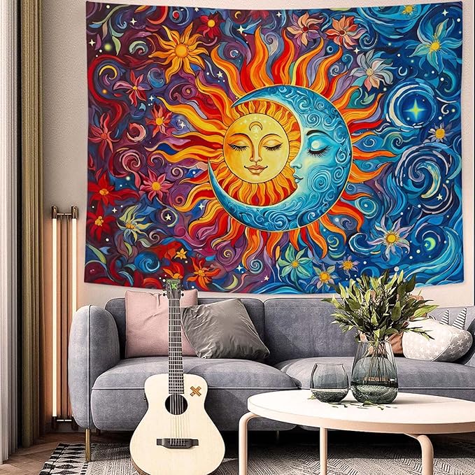 Sun and Moon Tapestry Boho Hippie Orange Red Blue Floral Tapestry for Bedroom Aesthetic Abstract Plant Flowers Stars Small Tapestries Wall Hanging for Living Room Dorm 48 x 36 Inch