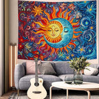 Sun and Moon Tapestry Boho Hippie Orange Red Blue Floral Tapestry for Bedroom Aesthetic Abstract Plant Flowers Stars Small Tapestries Wall Hanging for Living Room Dorm 60 x 44 Inch