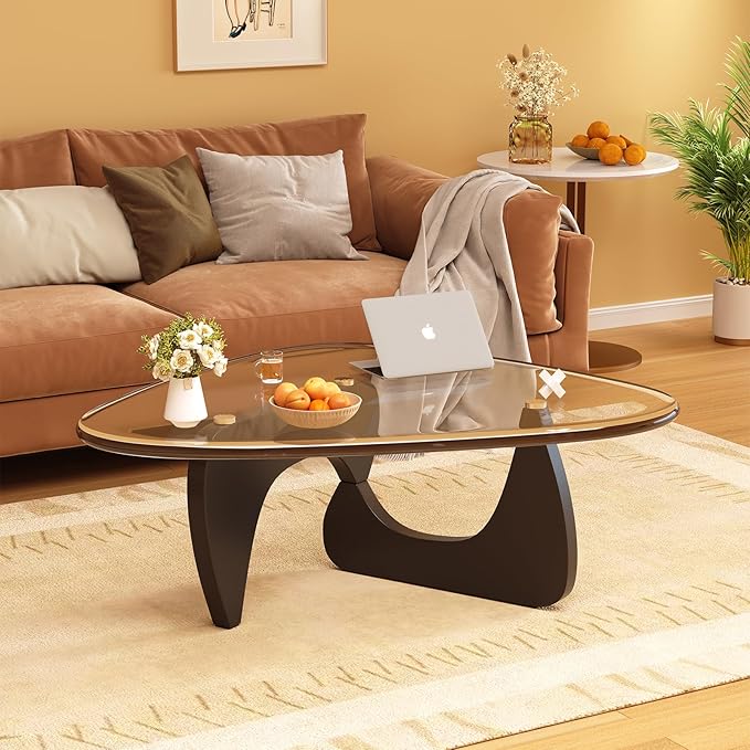 Coffee Table for Living Room Mid Century Modern Center Small Table with Glass Top and Wood, Black Transparent
