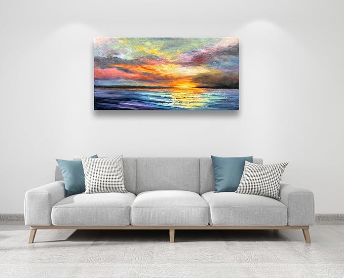 Art Hand-Painted Sea Sunset Landscape Modern Abstract Oil Painting on Canvas Art Hall Bedroom Office Wall Decoration 24x48 Inches