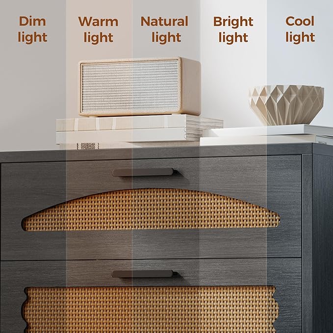 Mericonia 5 Drawer Rattan Dresser for Bedroom, Wood Tall Dresser for Closet with Metal Handles, Boho Nightstand Sets, Dressers & Chests of Drawers for Bedroom, Hallway and Entryway, Black