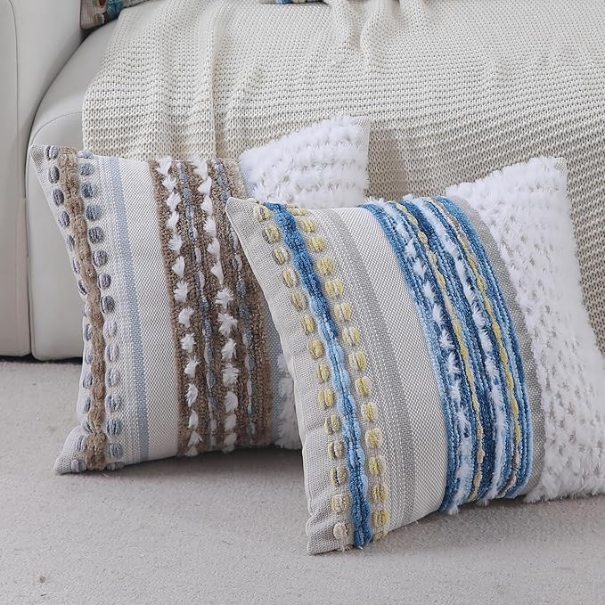 Boho Throw Pillow Covers 18x18 Set of 2 Farmhouse Decorative Couch Pillow Covers Neutral Accent Throw Pillows Covers Striped Outdoor Cushion Covers Square Textured Chenille Pillow Cases for Sofa Bed