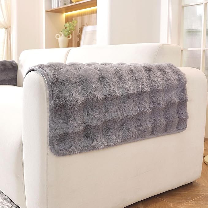 Non-Slip Couch Arm Covers,Thick Soft Recliner Arm Chair Covers Set of 2 Waterproof Armrest Covers for Sofa, Washable Faux Fur Sofa Arm Cover (Grey, 24" x 24" 2 Pack)