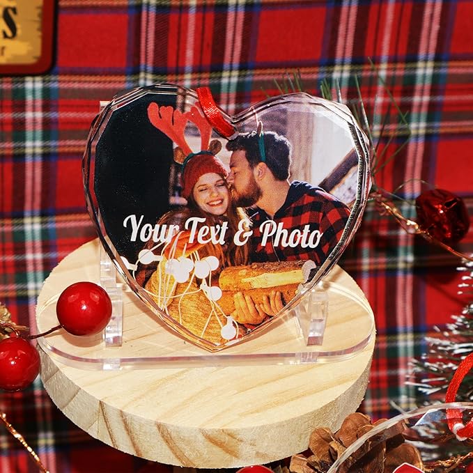 Personalized Christmas Crystal Ornaments Custom Heart Photo Ornament 2024 Customized Christmas Ornament Personalized First Christmas Keepsake Gifts for Couples Family Friends Xmas Decor