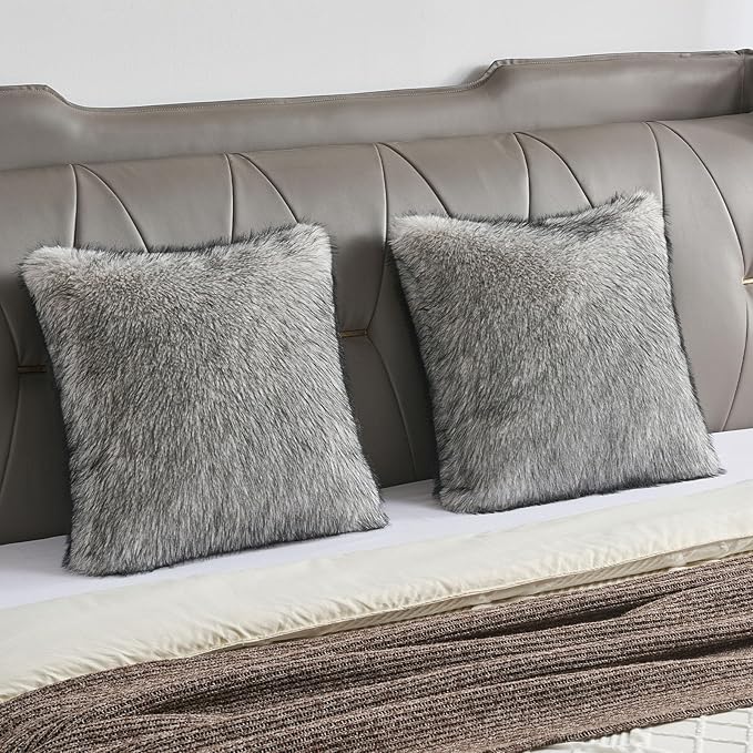 FUTEI Beige Gray Decorative Throw Pillow Covers 18x18 Inch Set of 2,Soft Faux Raccoon Fur Textured Cushion Case,Modern Home Luxurious Decor for Couch Bed Living Room