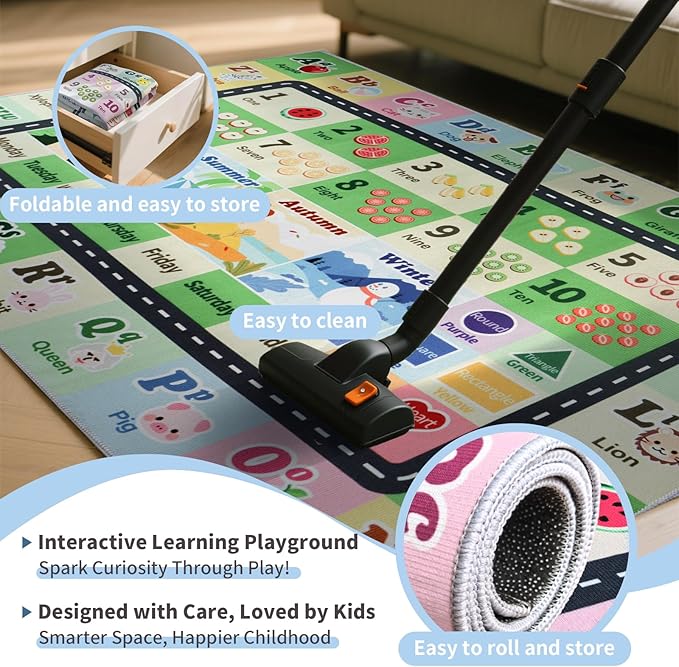 Kids ABC Rug for Playroom, Classroom Alphabet Area Carpet Playmat,Washable Toddler Mat for Baby Room,Play Room,Bedroom,Floor,Nursery (Green,7'x10')