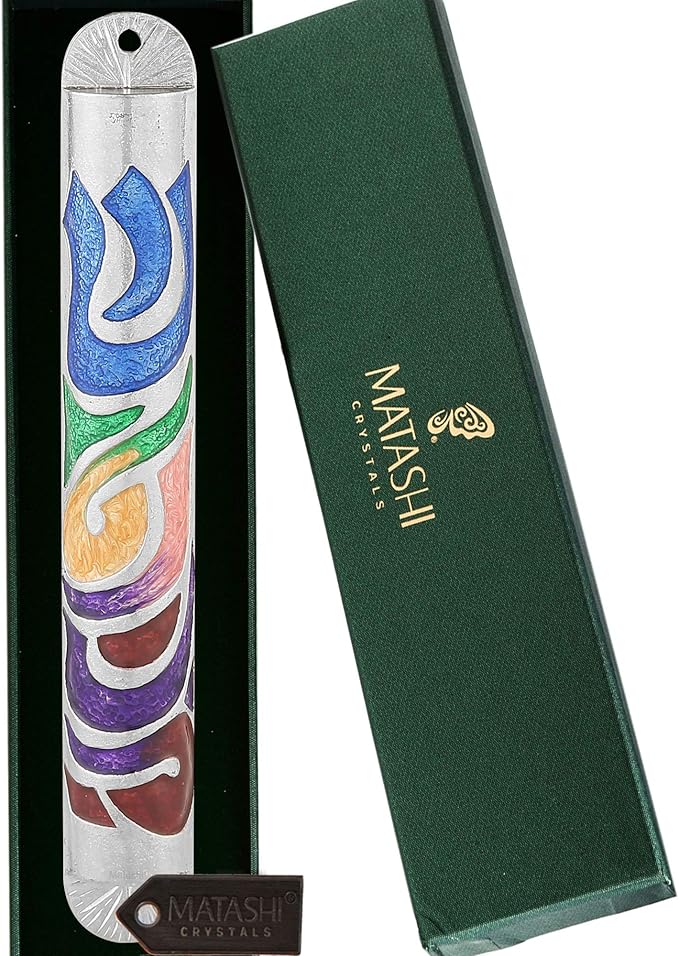 Matashi Hand Painted Multi Color Enamel 6 inch Mezuzah Embellished with Hebrew Shin Home Door Wall Decor Home Décor Jewish Holiday Housewarming Present House Blessing Gift for Holiday Festival
